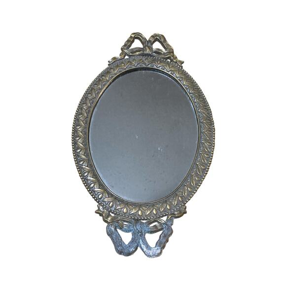 10” X 5.5” Brass Oval Ribbon Style Mirror Made in Korea Vintage Wall Hanging - Picture 1 of 10